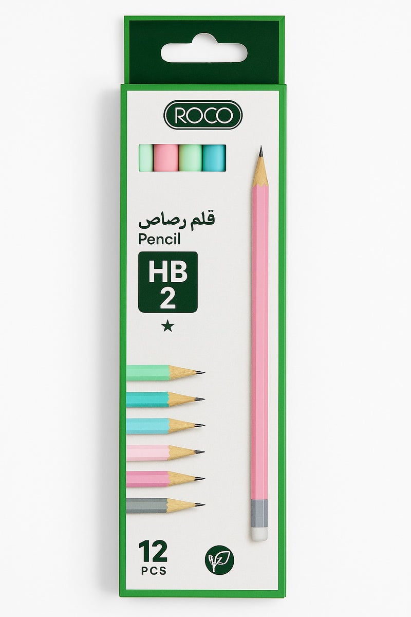 روكو عبوة 12 قلم رصاص HB2 بجودة عالية مع ممحاة مدمجة – مثالية للمدرسة والرسم والكتابة - Image 2
