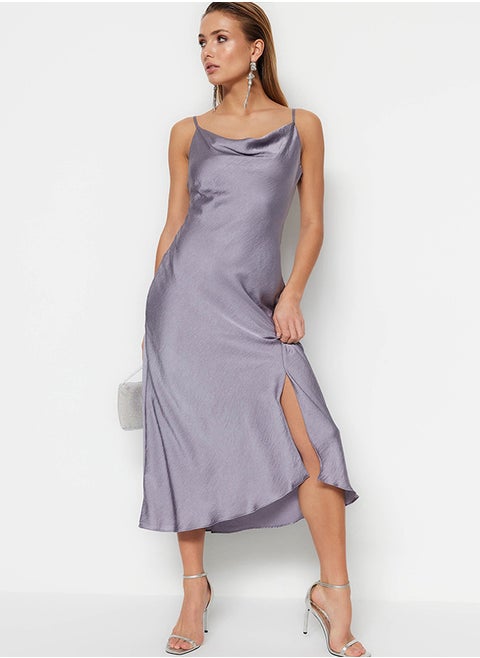 Gray Lined Woven Satin Evening Dress TPRSS19BB0058