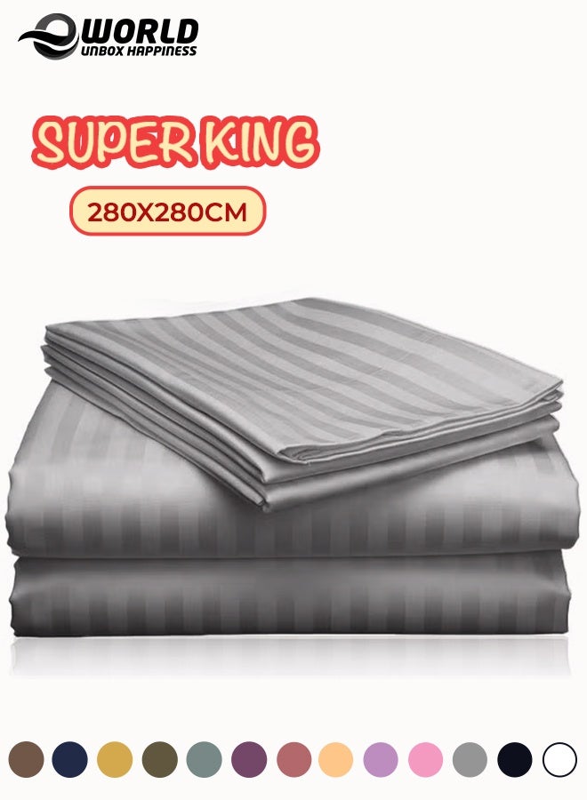 Eworld 3 Piece Super King Grey Striped Bed Sheet Set – Ultra-Soft Microfiber Striped Sheet & 2 Pillowcases, Breathable Luxury Bedding for Home & Hotel Use - Image 1
