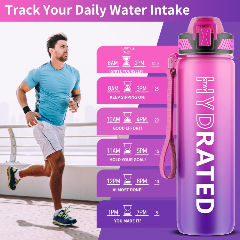 QLUR Water Bottle with Straw, 32oz Motivational Water Bottles with Time Marker to Drink, Tritan BPA Free, 1L Sports Water Bottle with Carry Strap LeakProof for Women Gym Fitness Outdoor (1 Pack) - Image 2