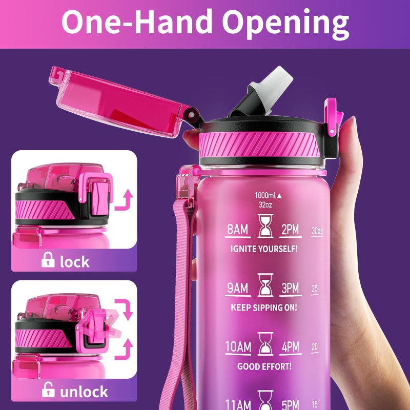 QLUR Water Bottle with Straw, 32oz Motivational Water Bottles with Time Marker to Drink, Tritan BPA Free, 1L Sports Water Bottle with Carry Strap LeakProof for Women Gym Fitness Outdoor (1 Pack) - Image 3