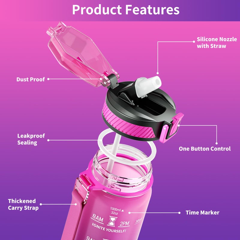QLUR Water Bottle with Straw, 32oz Motivational Water Bottles with Time Marker to Drink, Tritan BPA Free, 1L Sports Water Bottle with Carry Strap LeakProof for Women Gym Fitness Outdoor (1 Pack) - Image 5