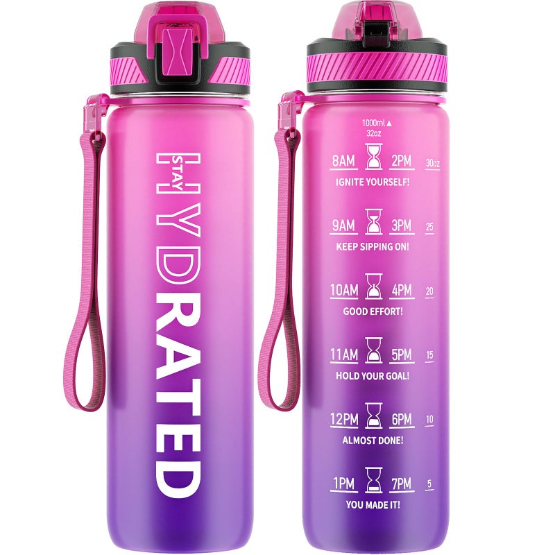 QLUR Water Bottle with Straw, 32oz Motivational Water Bottles with Time Marker to Drink, Tritan BPA Free, 1L Sports Water Bottle with Carry Strap LeakProof for Women Gym Fitness Outdoor (1 Pack) - Image 1