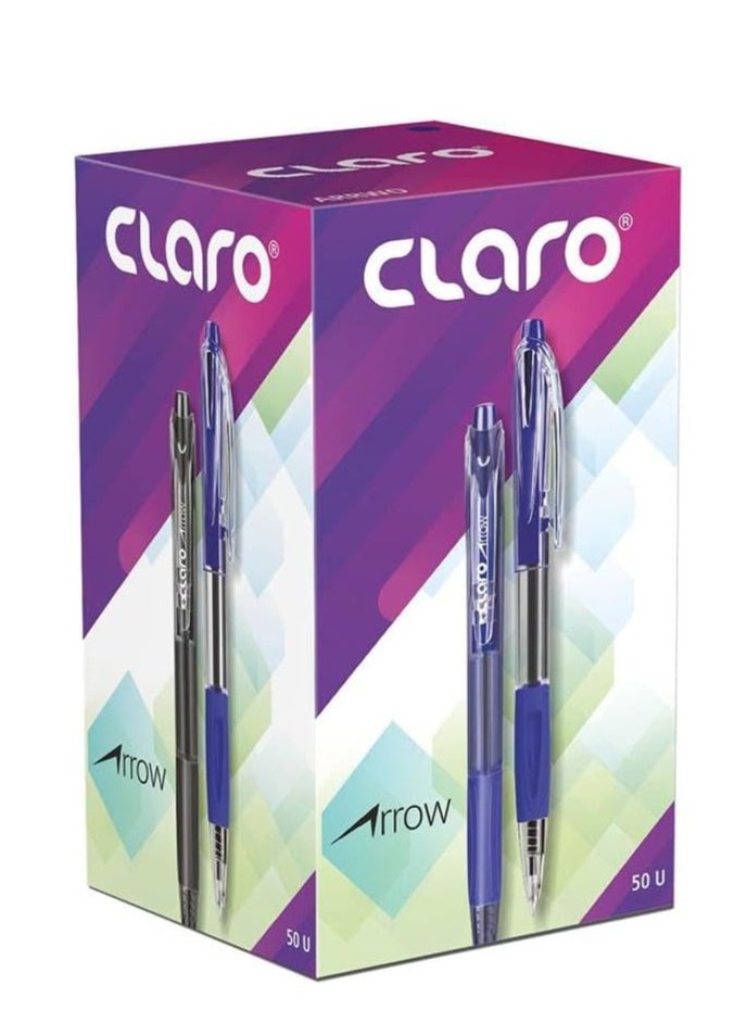 Claro ARROW BALL PEN - 0.6 mm Tip, Advanced Push Mechanism, 50 Pieces Pack, Blue, Non-Toxic, Translucent Body  - Image 1