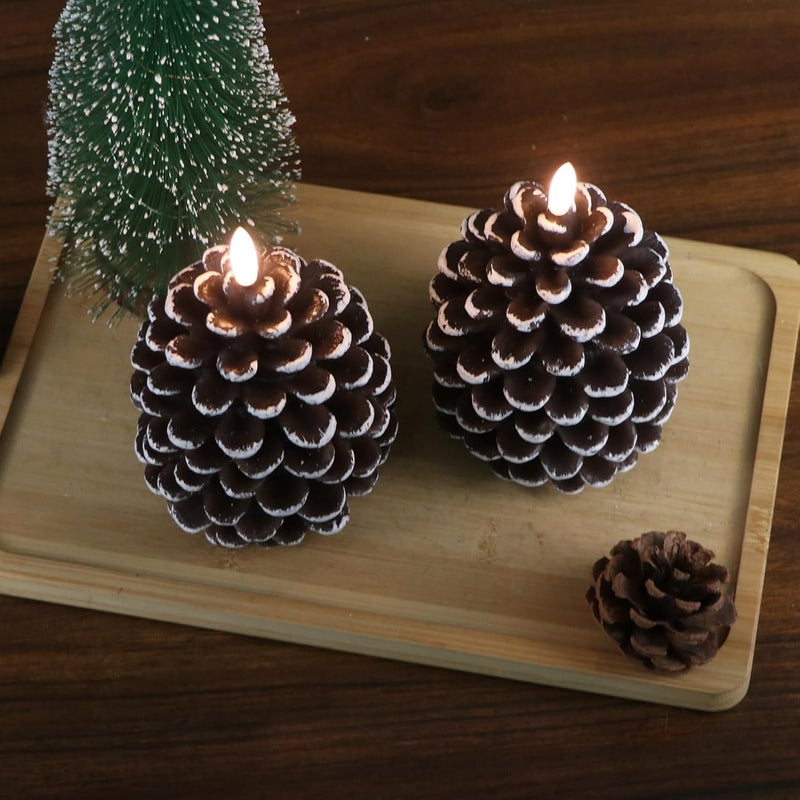 DRomance Flameless Pinecone Candles Battery Operated with 6 Hour Timer Set of 2 Real Brown Wax 3D Wick LED Flickering Pillar Candles Christmas Holiday Decor(White, 3.5 x 6 Inch) - Image 4