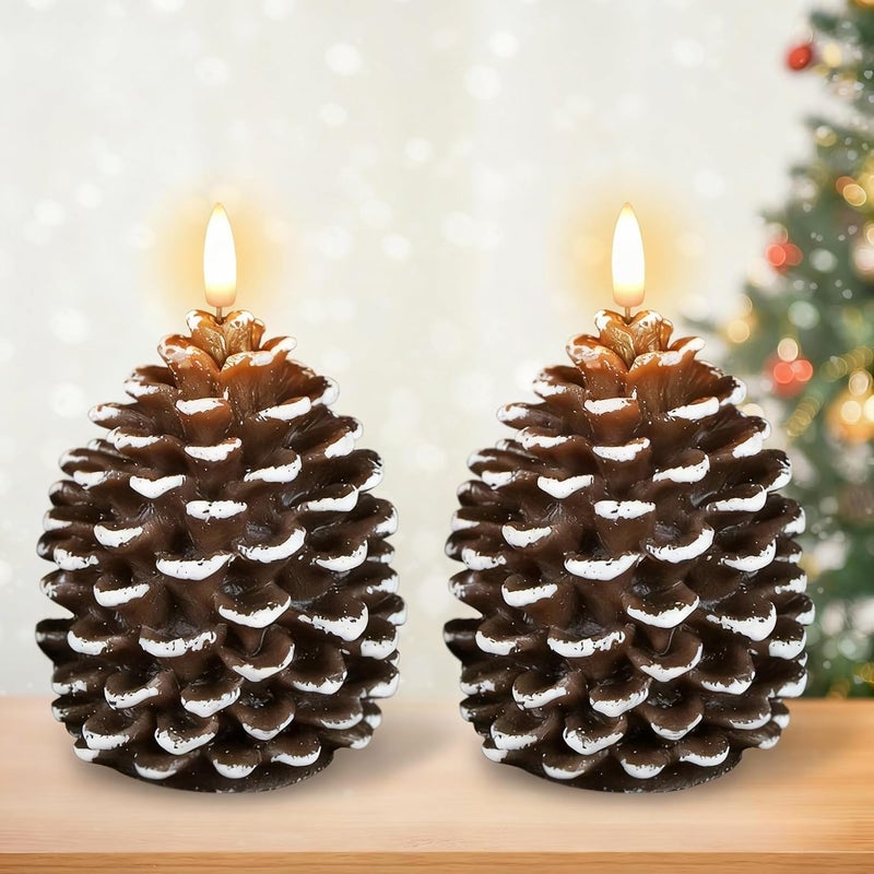 DRomance Flameless Pinecone Candles Battery Operated with 6 Hour Timer Set of 2 Real Brown Wax 3D Wick LED Flickering Pillar Candles Christmas Holiday Decor(White, 3.5 x 6 Inch) - Image 1