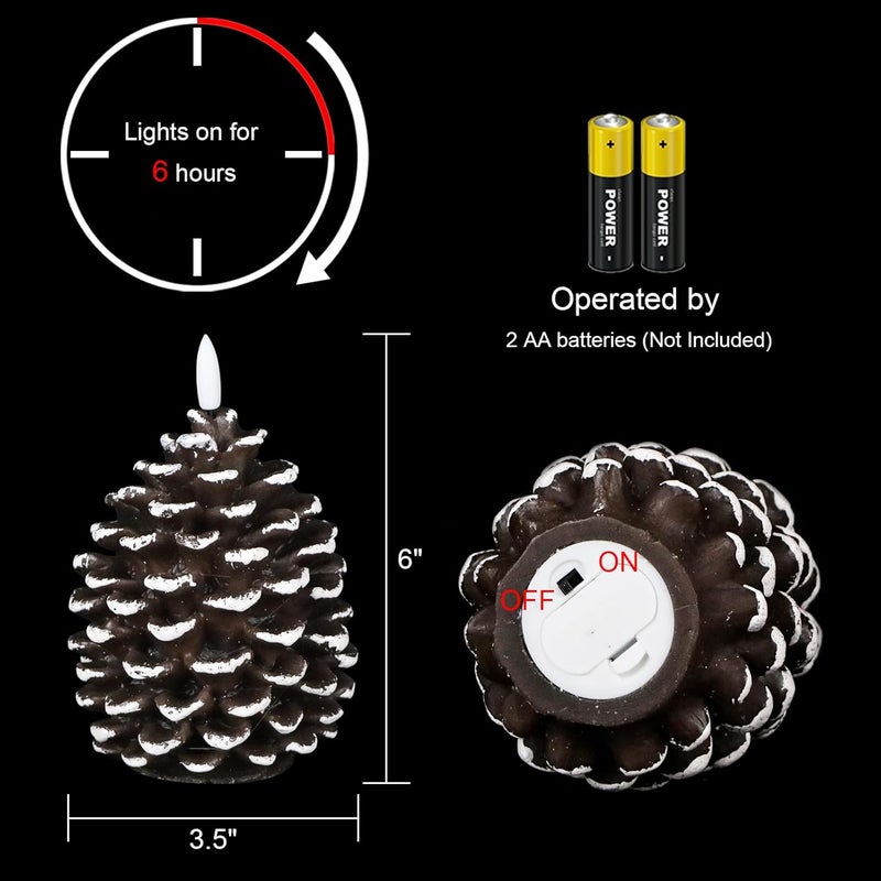 DRomance Flameless Pinecone Candles Battery Operated with 6 Hour Timer Set of 2 Real Brown Wax 3D Wick LED Flickering Pillar Candles Christmas Holiday Decor(White, 3.5 x 6 Inch) - Image 2