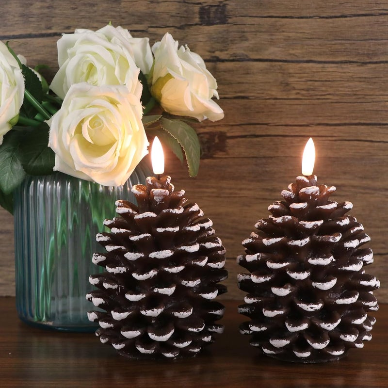 DRomance Flameless Pinecone Candles Battery Operated with 6 Hour Timer Set of 2 Real Brown Wax 3D Wick LED Flickering Pillar Candles Christmas Holiday Decor(White, 3.5 x 6 Inch) - Image 3