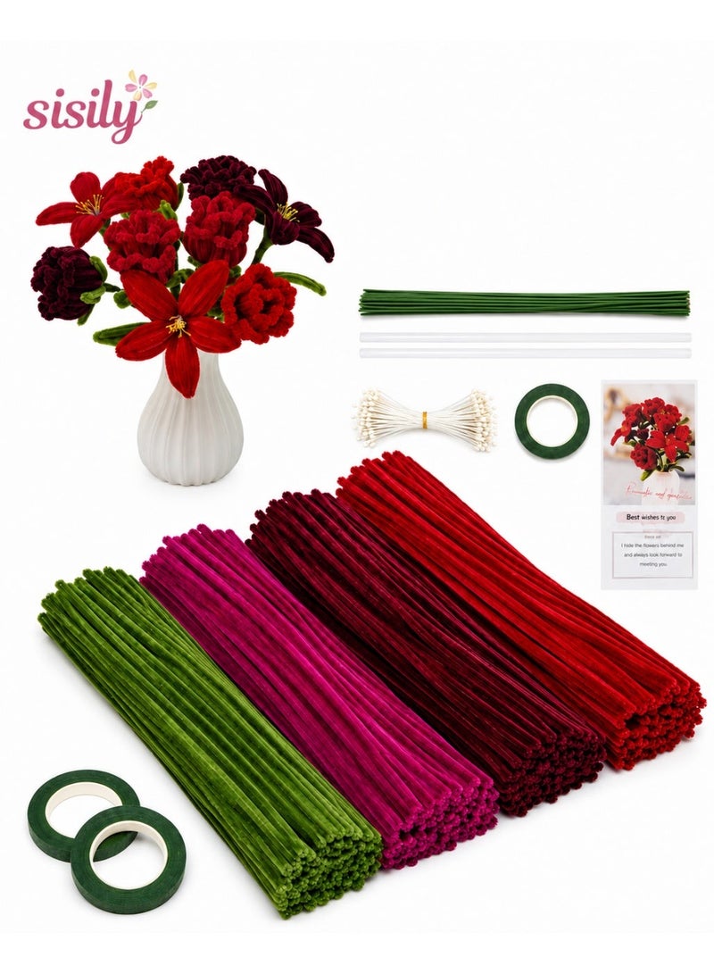 Sisily Pipe Cleaner Flower Bouquet Making Kit with 400 Chenille Stems 100 Each in Deep Red Burgundy Maroon and Green 20 Floral Stems 150 Flower Stamens and 2 Floral Tapes - Image 1