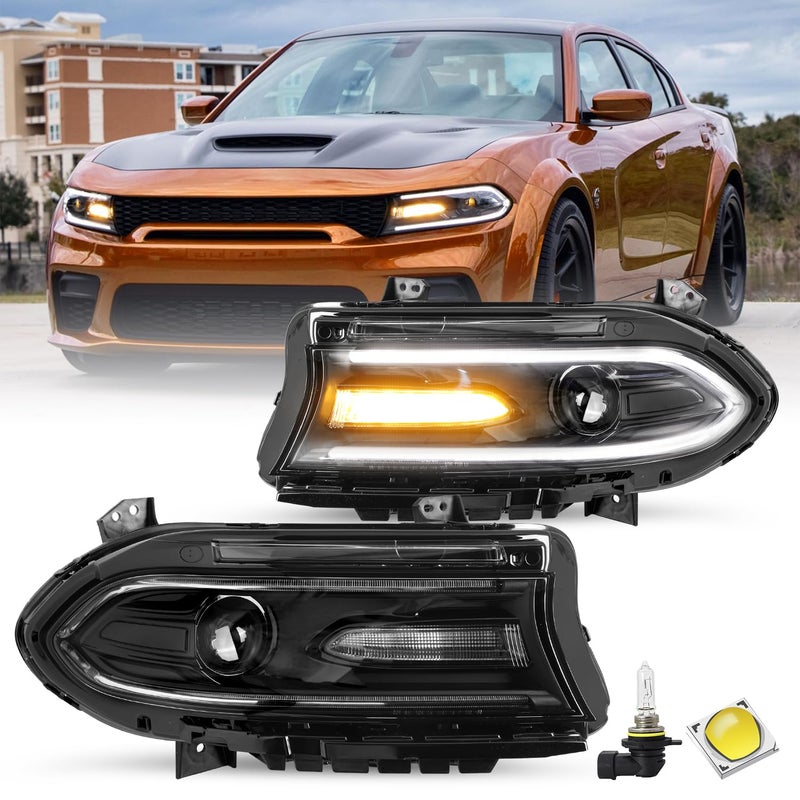 JSBOYAT Halogen Type Headlight Assembly Compatible with 20152021 Dodge Charger Projector Headlamp wLED DRL wo Logo Bulbs Included Driver and Passenger Side
