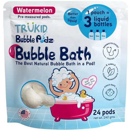 حمام فقاعات TruKid للأطفال الرضع والأطفال الصغار خالي من الدموع حمام فوار لطيف ومنعش لقضاء وقت الاستحمام للبشرة الحساسة مع مرطبات طبيعية غير سامة متوازن الرقم الهيدروجيني برائحة البطيخ 24 كبسولة
