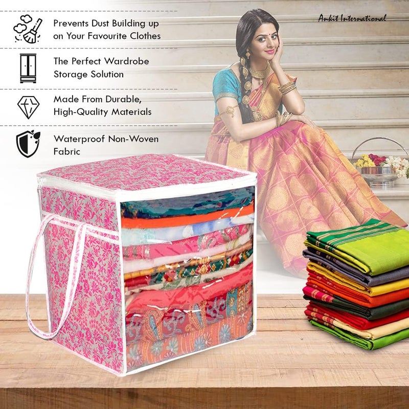 SHAPING FABRIC Pink Floral Fabric Saree Storage Bag with Transparent Front & Zipper Closure - Image 4