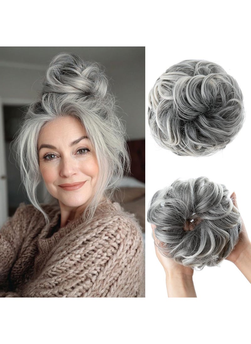 CJL HAIR - CJL HAIR Large Messy Bun Hair Piece Wavy Curly Scrunchies Synthetic Chignon Ponytail Hair Extensions Thick Updo Hairpieces for Women Salt and Pepper - Image 1