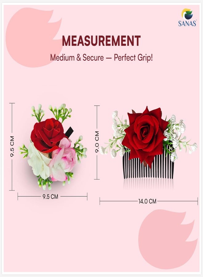 Sanas Red Rose Hair Accessories For Woman Wedding (3Pcs) Artificial Flower For Hair Brooch For Women Traditional Alligator Hair Clips For Women Stylish French Comb Clip (3Pcs) (Pop Of Colors Rose Set) - Image 2