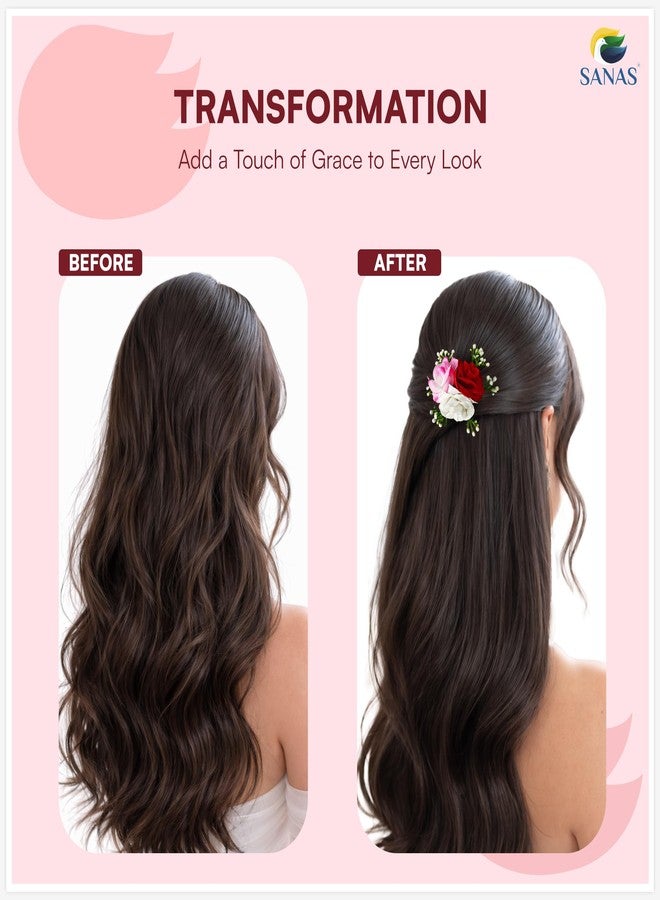 Sanas Red Rose Hair Accessories For Woman Wedding (3Pcs) Artificial Flower For Hair Brooch For Women Traditional Alligator Hair Clips For Women Stylish French Comb Clip (3Pcs) (Pop Of Colors Rose Set) - Image 3