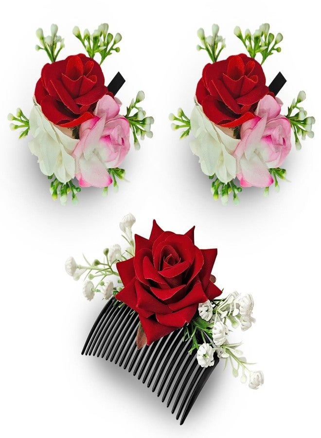 Sanas Red Rose Hair Accessories For Woman Wedding (3Pcs) Artificial Flower For Hair Brooch For Women Traditional Alligator Hair Clips For Women Stylish French Comb Clip (3Pcs) (Pop Of Colors Rose Set) - Image 1