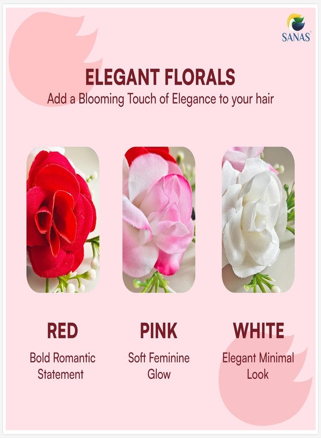 Sanas Red Rose Hair Accessories For Woman Wedding (3Pcs) Artificial Flower For Hair Brooch For Women Traditional Alligator Hair Clips For Women Stylish French Comb Clip (3Pcs) (Pop Of Colors Rose Set) - Image 5