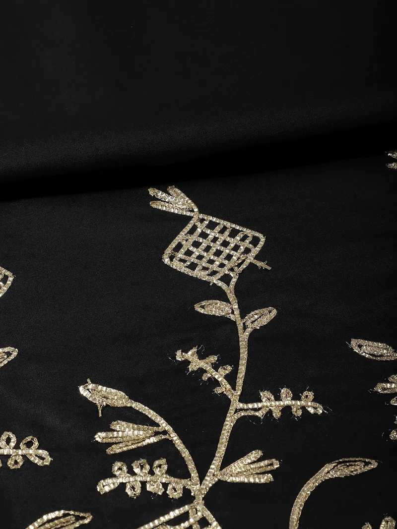 أيه كيه إس Black Fabric With Silver Gota Patti Floral Embroidery