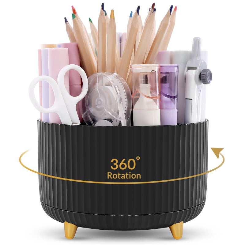 KONVINIT Pencil Pen Holder for Desk, 5 Slots 360 - Degree Rotating Desktop Organizer, Cute Desk Organizers and Accessories for School, Home, Office and Art Supply, Black - Image 1