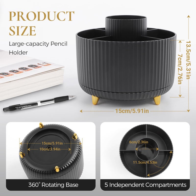 KONVINIT Pencil Pen Holder for Desk, 5 Slots 360 - Degree Rotating Desktop Organizer, Cute Desk Organizers and Accessories for School, Home, Office and Art Supply, Black - Image 2