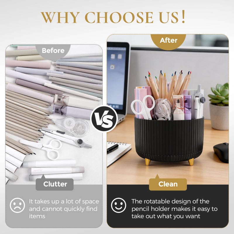 KONVINIT Pencil Pen Holder for Desk, 5 Slots 360 - Degree Rotating Desktop Organizer, Cute Desk Organizers and Accessories for School, Home, Office and Art Supply, Black - Image 3