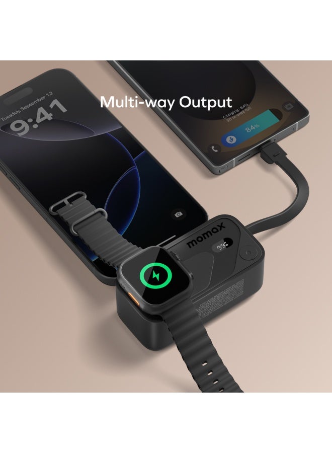 Momax 1-POWER X Pro Mini+ All-in-One 5000mAh Power Bank with Built-In USB-C Cable & Apple Watch Fast Charger Also Compatible with all USB-C Devices - Black - Image 2
