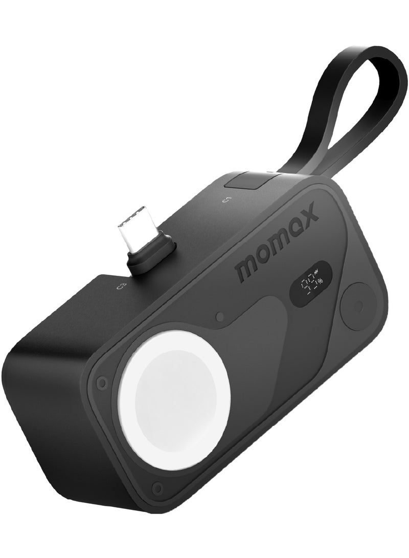 Momax 1-POWER X Pro Mini+ All-in-One 5000mAh Power Bank with Built-In USB-C Cable & Apple Watch Fast Charger Also Compatible with all USB-C Devices - Black - Image 1