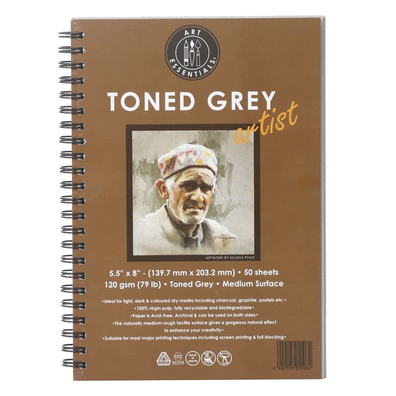 Art Essentials Toned Sketch Artist 55 x 8 inch Cool Grey Medium Surface 120 GSM Spiral Album of 50 Sheets Acid Free Paper for Sketching Drawing with Graphite Charcoal Pastel Light Dark Media - Image 1