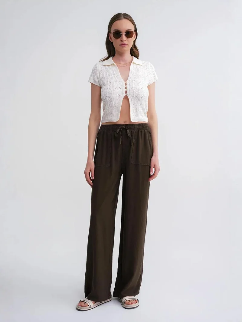MixRay Khaki Green MIXRAY Mid Waist Straight Leg Cotton Pants with Tie Closure for Women | Best Price UAE