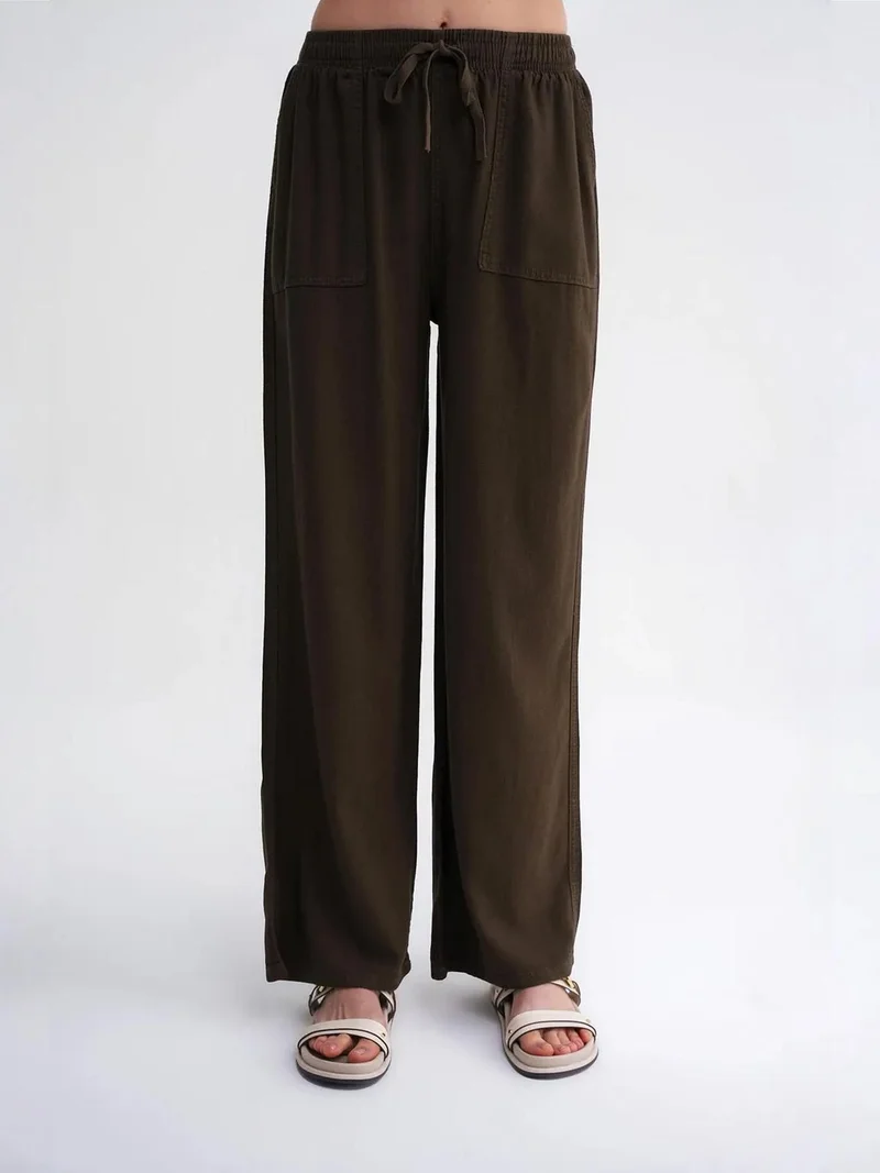 MixRay Khaki Green MIXRAY Mid Waist Straight Leg Cotton Pants with Tie Closure for Women | Best Price UAE