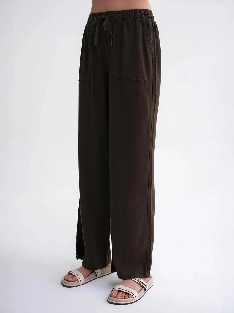 MixRay Khaki Green MIXRAY Mid Waist Straight Leg Cotton Pants with Tie Closure for Women | Best Price UAE