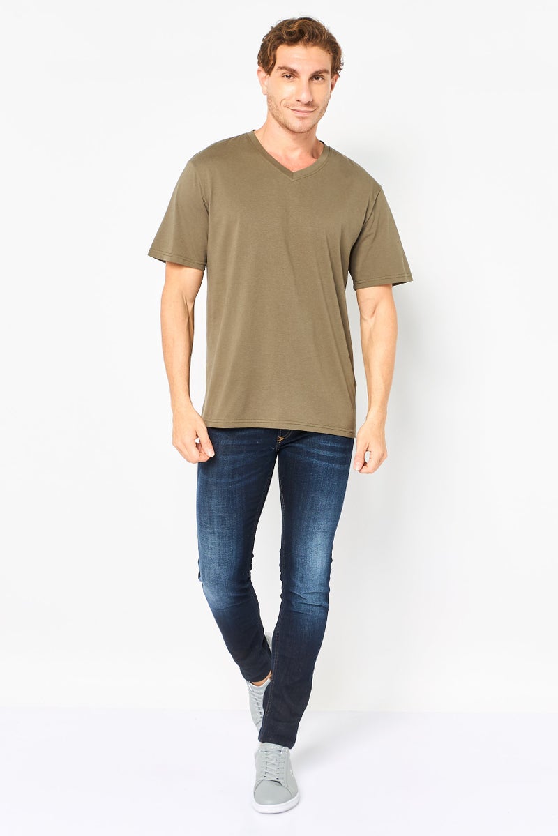 Algspar تي شيرت قصير الأكمام للرجال بتصميم على شكل حرف V، زيتوني - Image 4