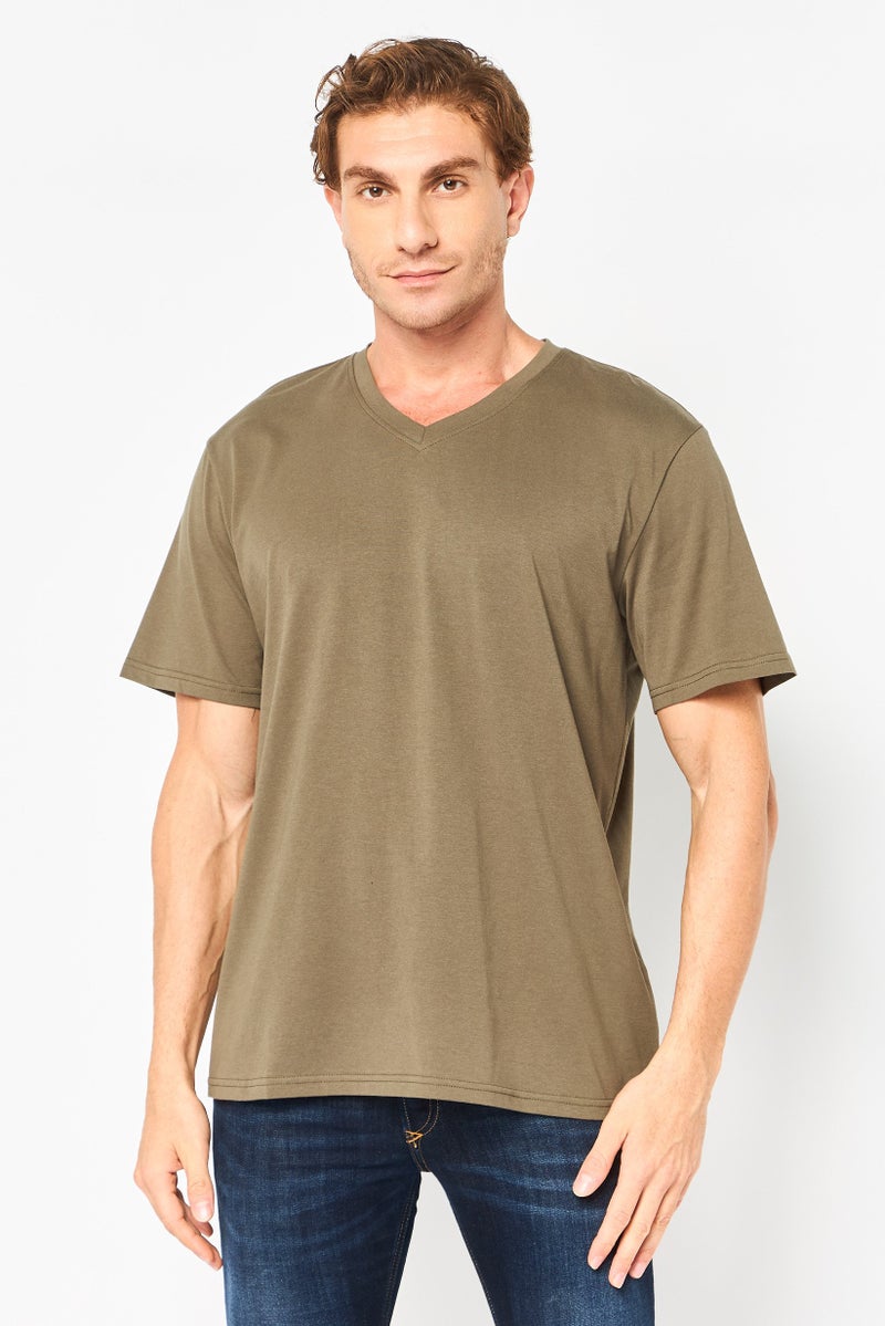 Algspar تي شيرت قصير الأكمام للرجال بتصميم على شكل حرف V، زيتوني - Image 1