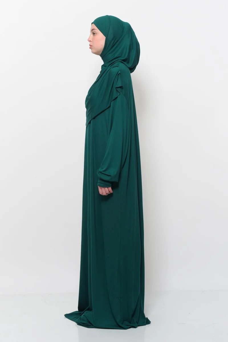 التوبة Practical One Piece Cotton Bat Sleeves Removable Organic Hijab Prayer Dress with Headscarf - Green