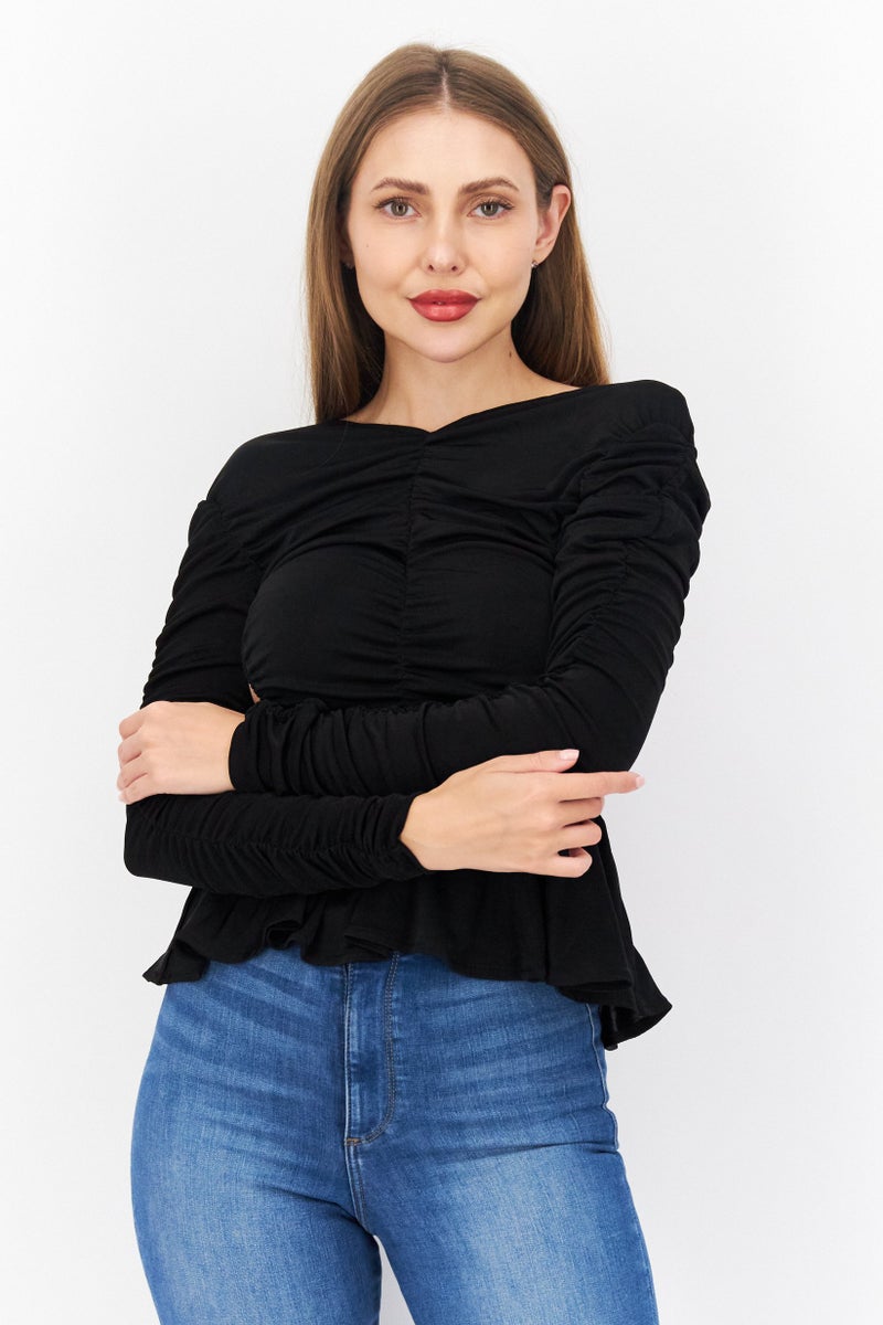 NA-KD بلوزة نسائية بأكمام طويلة وقصة على شكل حرف V مع تجاعيد في الخلف، سوداء - Image 1