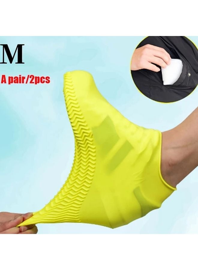 Yellow Reusable Waterproof Non Slip Silicone Outdoor Shoe Covers M Size 2pcs - Image 1