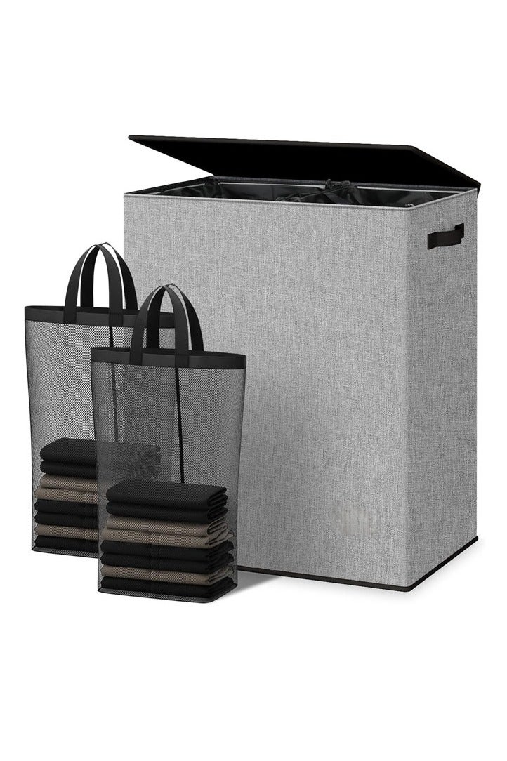 2 Section Laundry Basket Luxury Double Laundry Hamper with Lid and Handle, with Removable bag, Collapsible Dirty Clothes Hampers for Laundry, Bedroom, Dorm, College, Grey