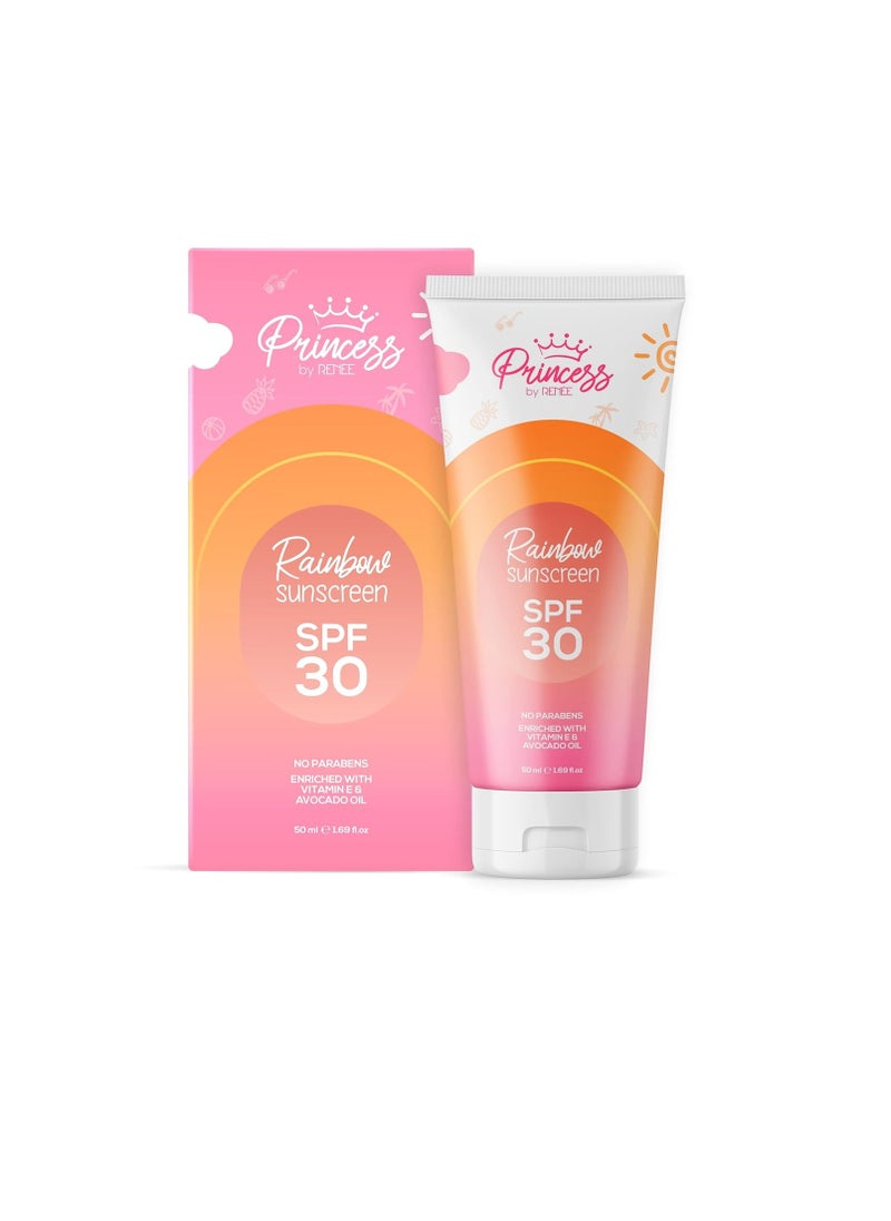 Princess Princess By RENEE Rainbow Sunscreen With SPF 30  50ml UVA and UVB Protection Lightweight Gentle and Non greasy Enriched with Olive  Carrot Seed  - Image 1