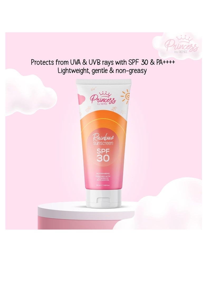 Princess Princess By RENEE Rainbow Sunscreen With SPF 30  50ml UVA and UVB Protection Lightweight Gentle and Non greasy Enriched with Olive  Carrot Seed  - Image 2