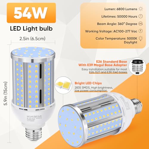 XYCN 6 Pack 54W Corn LED Light Bulb,(480 Watt Equivalent) Fanless E26/E27 Medium Base LED Cob Lamp 5000K Daylight 6,800LM for Outdoor Indoor Garage Warehouse Factory Workshop Street Backyard - Image 3