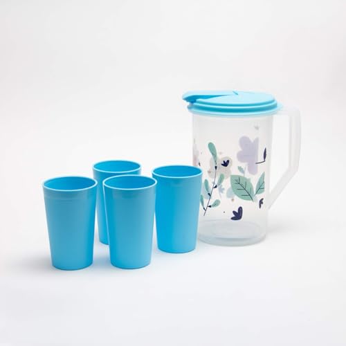 Gluman BPA Free 100% Food Grade Leak Proof Unbreakable Printed Plastic Water Jug with 4 Tumblers Drinkware Set Jug Capacity : 2 litres (Blue) - Image 1