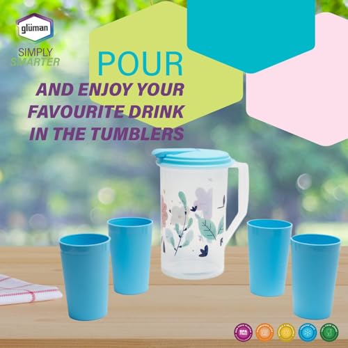 Gluman BPA Free 100% Food Grade Leak Proof Unbreakable Printed Plastic Water Jug with 4 Tumblers Drinkware Set Jug Capacity : 2 litres (Blue) - Image 4