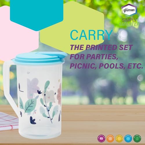 Gluman BPA Free 100% Food Grade Leak Proof Unbreakable Printed Plastic Water Jug with 4 Tumblers Drinkware Set Jug Capacity : 2 litres (Blue) - Image 5