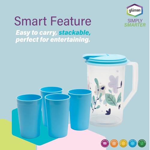 Gluman BPA Free 100% Food Grade Leak Proof Unbreakable Printed Plastic Water Jug with 4 Tumblers Drinkware Set Jug Capacity : 2 litres (Blue) - Image 3