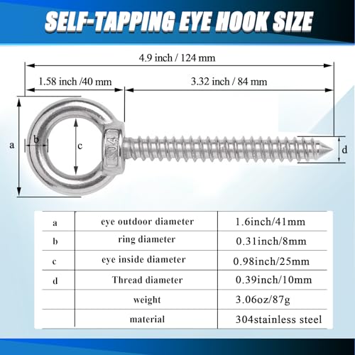 OHIYO 5 Inch Heavy Duty Eye Hooks M10 Self Tapping Eyelet Screw Load Capacity 700LBS Heavy Duty Screw in Eye Hooks for Hammock Stand Swing Chair Yoga Heavy Indoor Outdoor Uses 4Pack M10 - Image 3