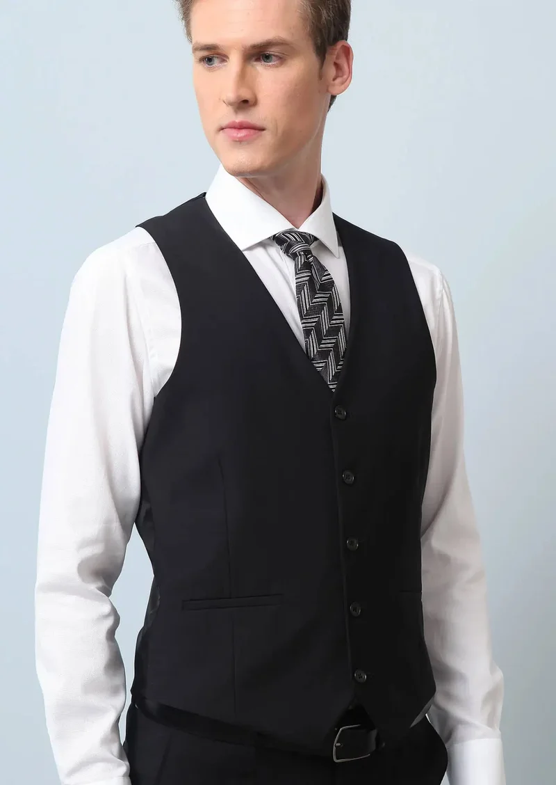 RAMSEY Black Slim Fit Butterfly Collar Classical Waistcoat