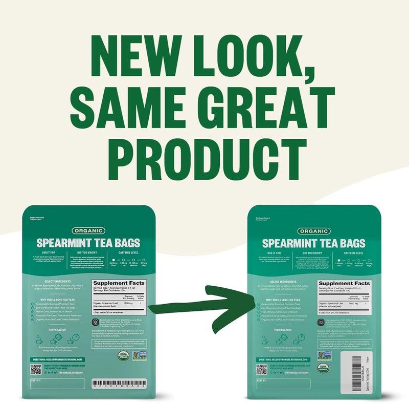 FGO Organic Spearmint Leaf Tea Bags - 100 Count, Caffeine Free, Eco-Conscious Packaging - Image 2