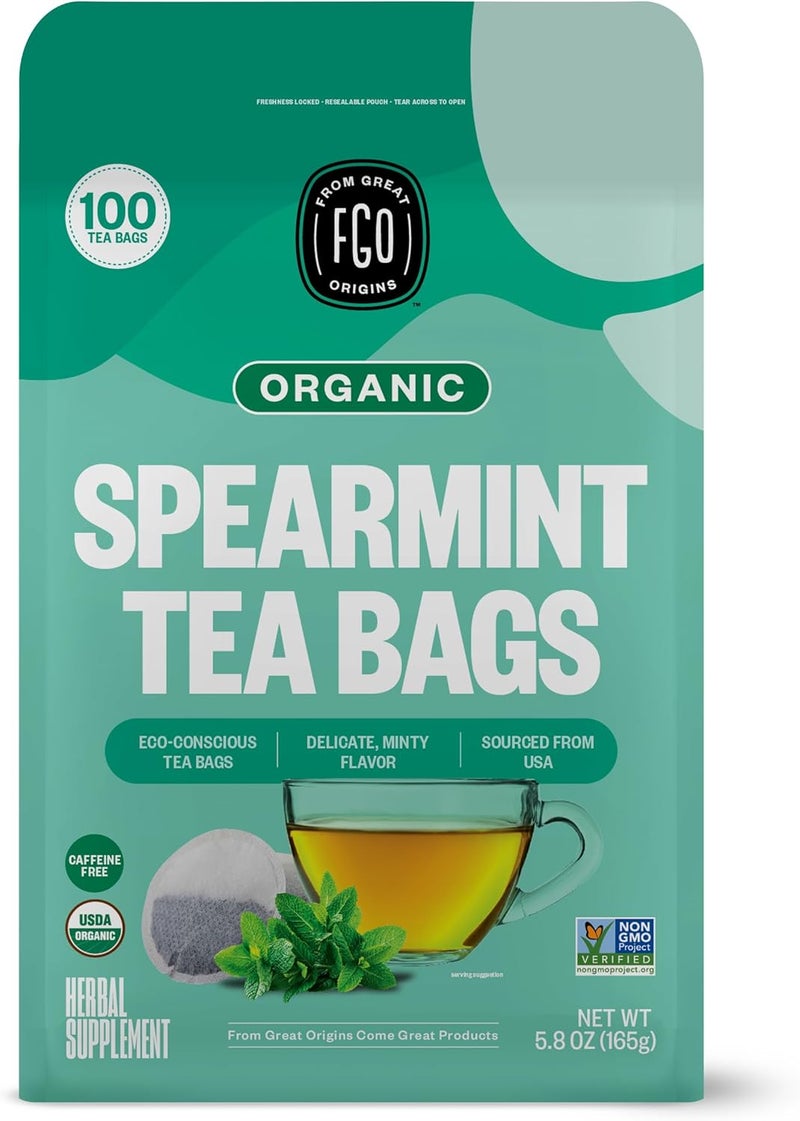 FGO Organic Spearmint Leaf Tea Bags - 100 Count, Caffeine Free, Eco-Conscious Packaging - Image 1