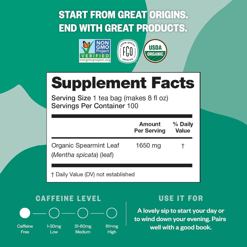 FGO Organic Spearmint Leaf Tea Bags - 100 Count, Caffeine Free, Eco-Conscious Packaging - Image 4