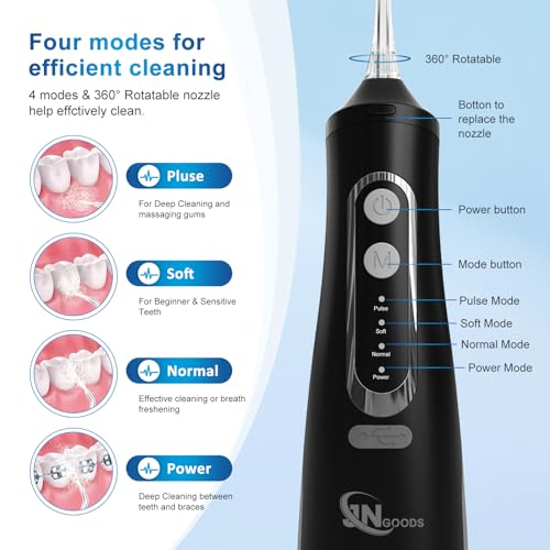JNGOODS Cordless Water Dental Flosser Oral irrigator,JNGOODS 310ml Rechargeable Water flosser for Teeth IPX7 Waterproof 4 Modes Portable Irrigate with 4 Jet Tips,Travel Home use (Black) - Image 3
